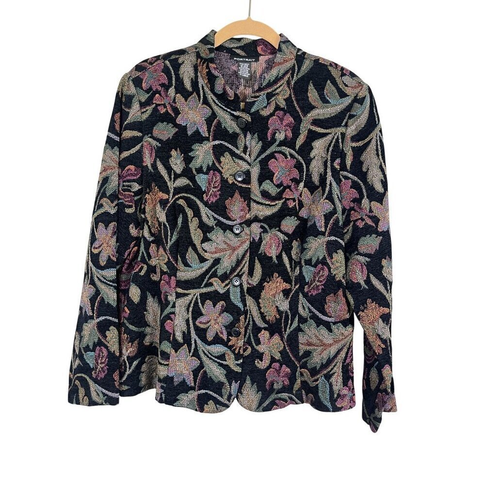 Portrait Jacket XL Black Floral Tapestry Woven Botanical Mature Boho Artsy 70s